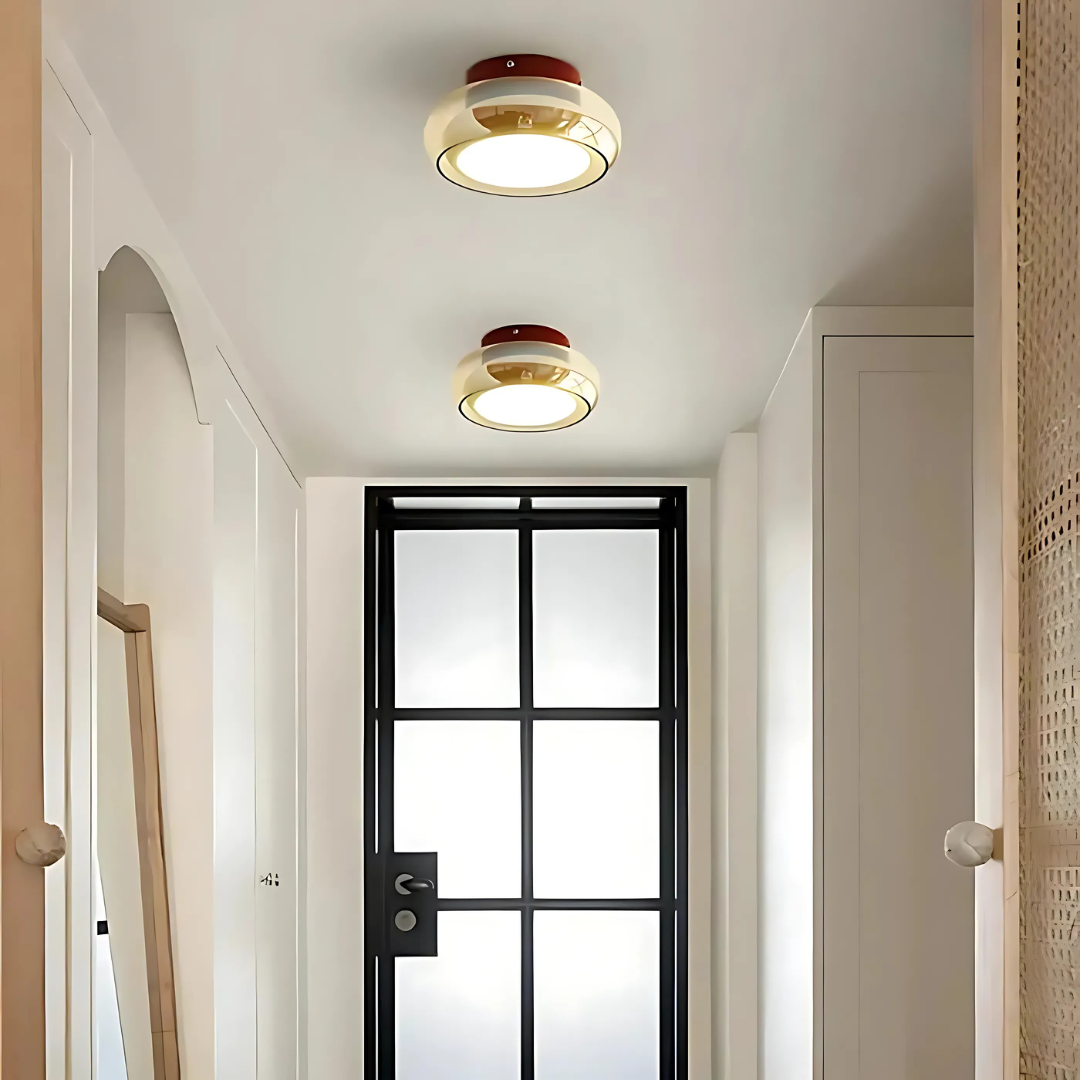 Plafonnier verre LED 24W ambre salon couloir design rétro compact moderne | Sansoti
