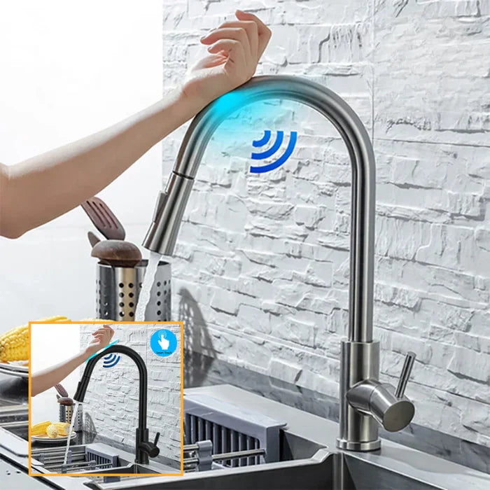 Sensor-Küchenarmatur mit ausziehbarer Schlauchbrause – freihändige Mischbatterie für moderne Küchen | Sansoti