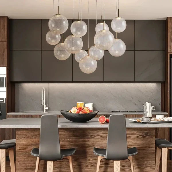Round Pendant Light with Glass Globes, Brass and Crackle Glass, Adjustable for High Ceilings, LED Chandelier | Sansoti