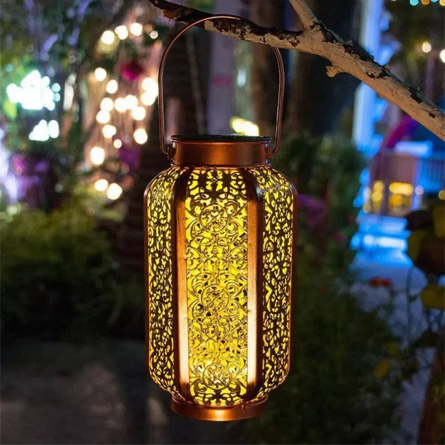 Solar Lantern Outdoor Iron Copper Moroccan Pattern Garden Terrace Balcony IP44 8-10 Hours Solar Energy Ambient Lighting | Sansoti