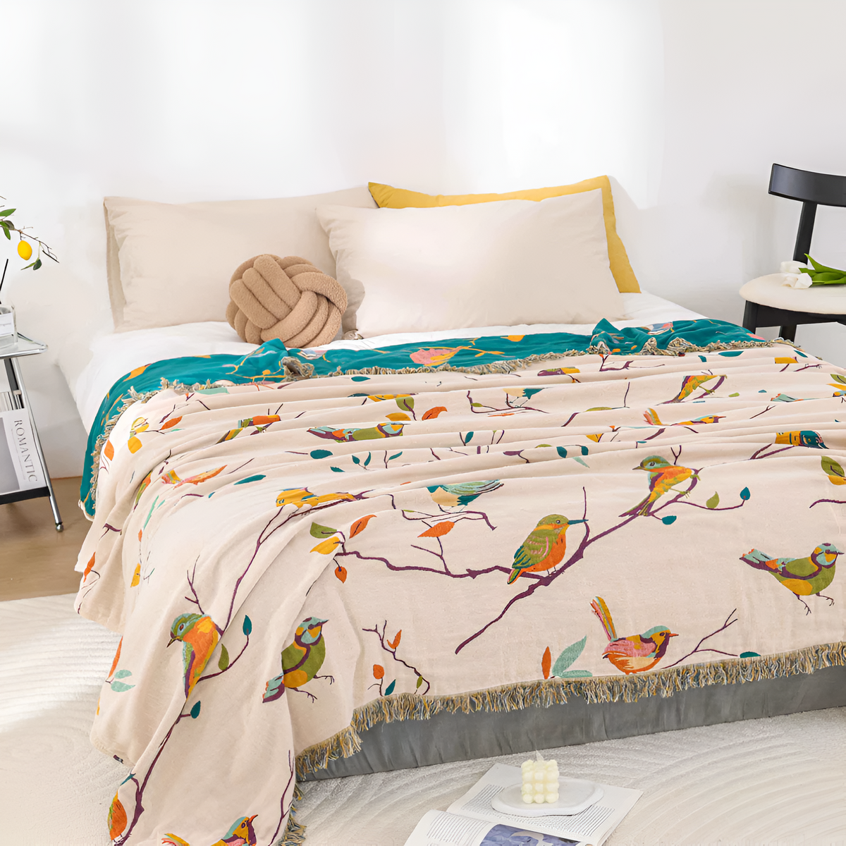 Baumwoll-Plaid mit Vogelmotiv und Quasten – Vintage Boho-Stil Decke für Sofa, Bett oder Picknick | Sansoti