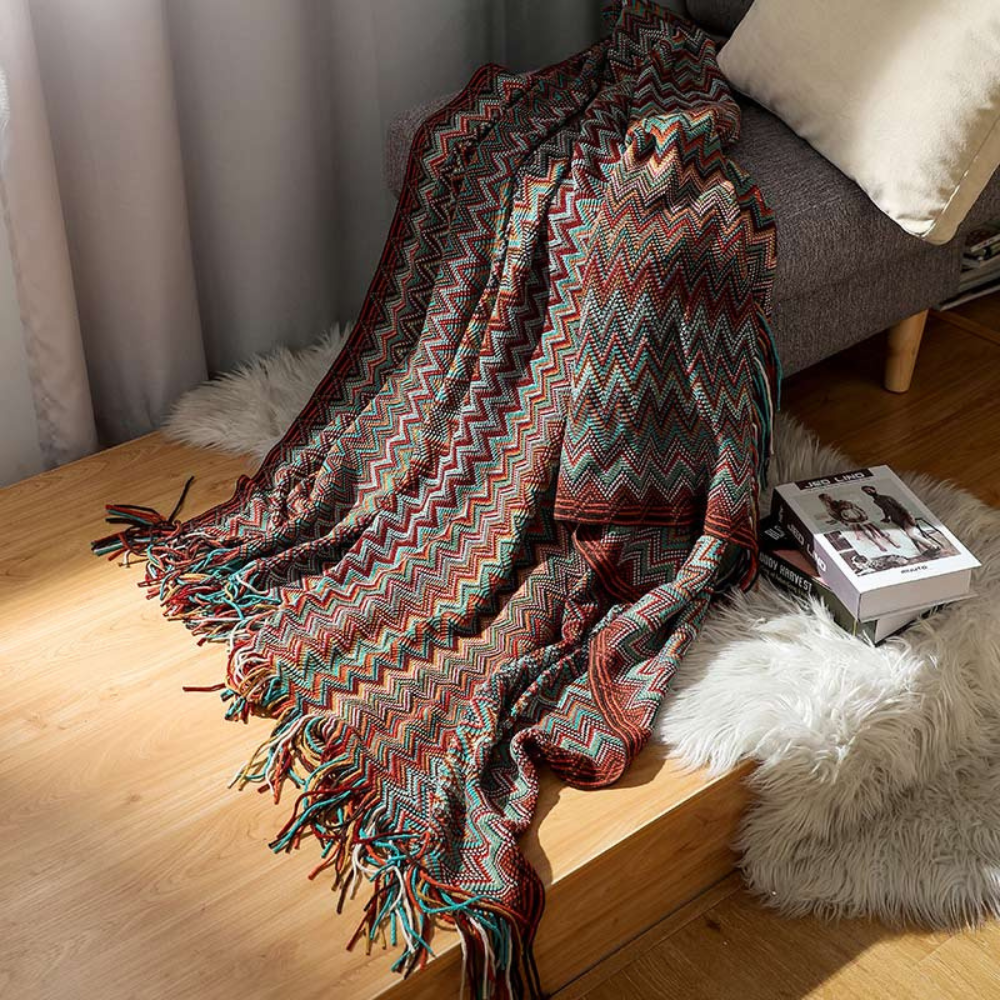 Gebreide Plaid met Zigzag Franjes – Zachte Gehaakte Deken voor Bank en Bed Alle Seizoenen Bohemian Stijl | Sansoti