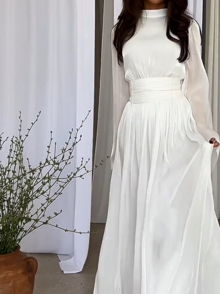 Maxi jurk dames met zwierige pasvorm beige blauw wit zomer feestelijke gelegenheden vrijetijd elegante stijl | Sansoti
