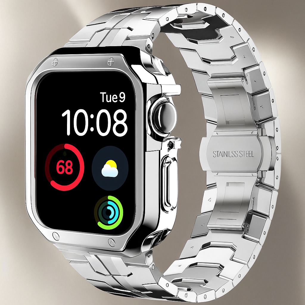 Metal Watch Band with Protective Case Butterfly Clasp Titanium Look Link Bracelet for Smartwatch Elegant | Sansoti