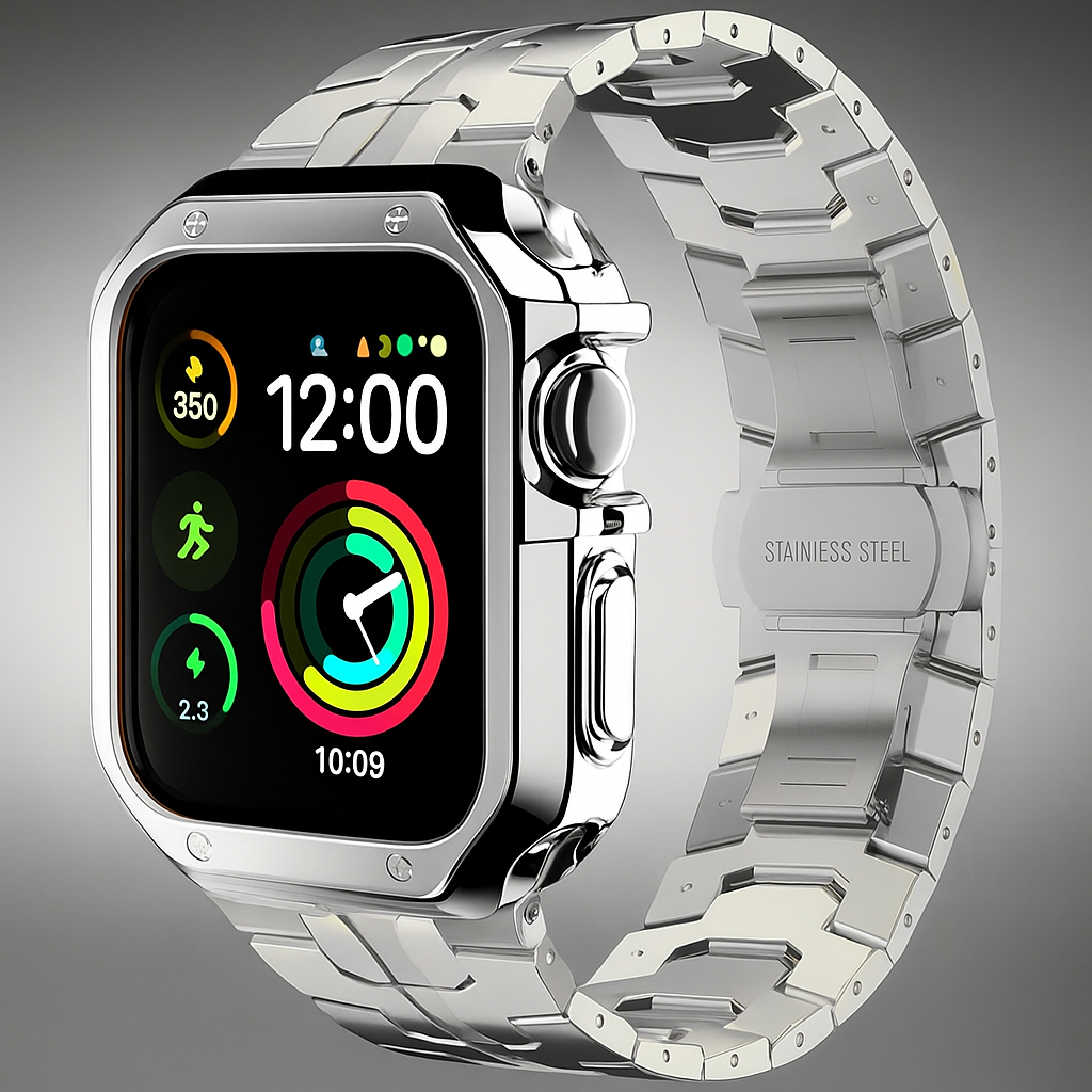 Metal Watch Band with Protective Case Butterfly Clasp Titanium Look Link Bracelet for Smartwatch Elegant | Sansoti