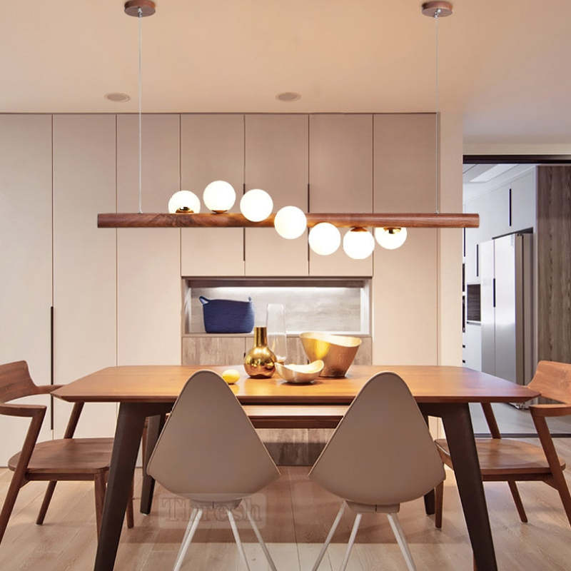 Hanglamp Glazen Bol met Houten Plafondbevestiging Warm Walnoot Elegante Sfeerverlichting voor Woonkamer | Sansoti