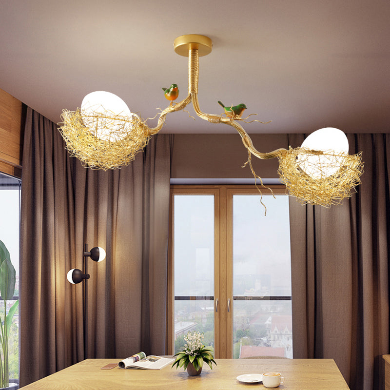 Gouden Hanglamp met Melkwit Glazen Bol en Vogelnest – Decoratieve Kroonluchter 1-3 Lichtpunten Sierverlichting Eetkamer Woonkamer | Sansoti