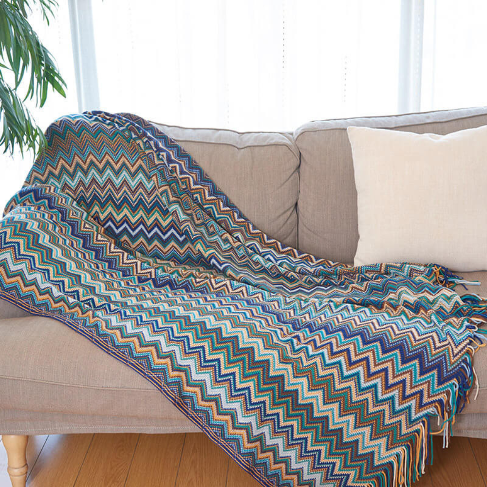 Gebreide Plaid met Zigzag Franjes – Zachte Gehaakte Deken voor Bank en Bed Alle Seizoenen Bohemian Stijl | Sansoti