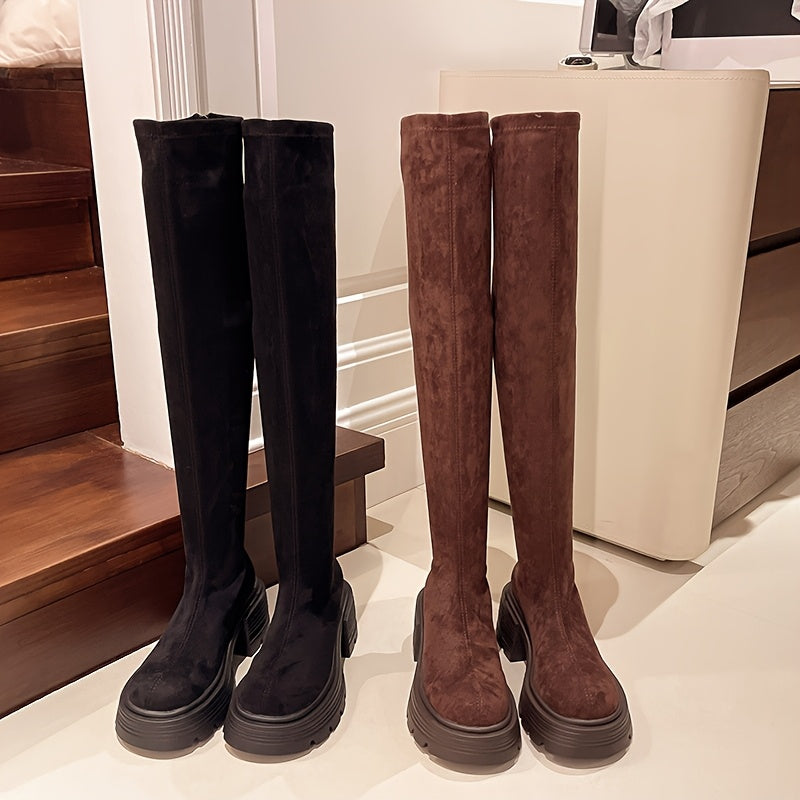Over-de-knie laarzen dames hoge hak winter ronde neus leer suède klassiek elegant warm comfortabel lange schacht | Sansoti