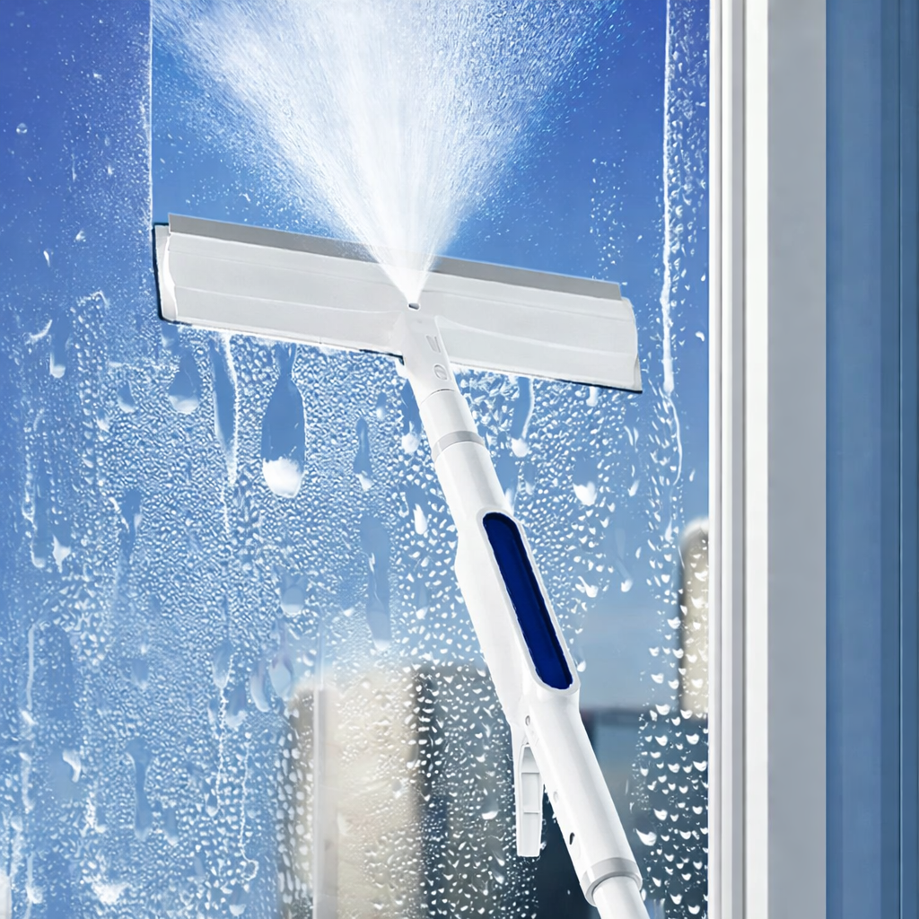 Nettoyeur de vitres avec manche télescopique et spray 3 en 1 pivotant 130cm | Sansoti