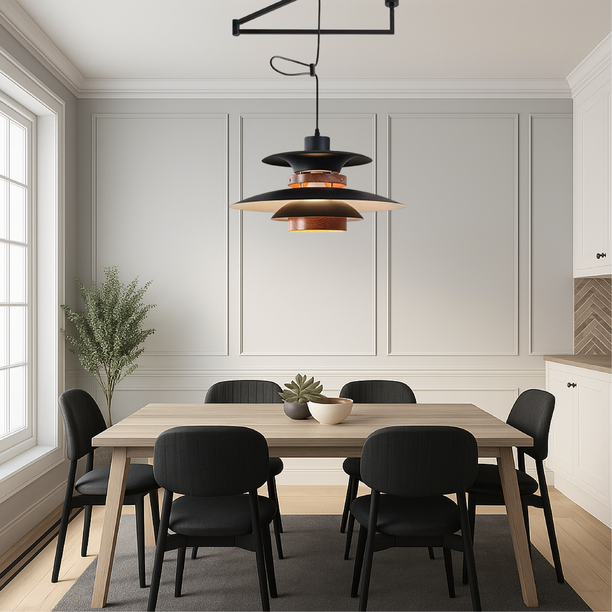 Suspension Merado bras pivotant métal bois noir éclairage salle à manger réglable design scandinave lampe suspendue moderne | Sansoti