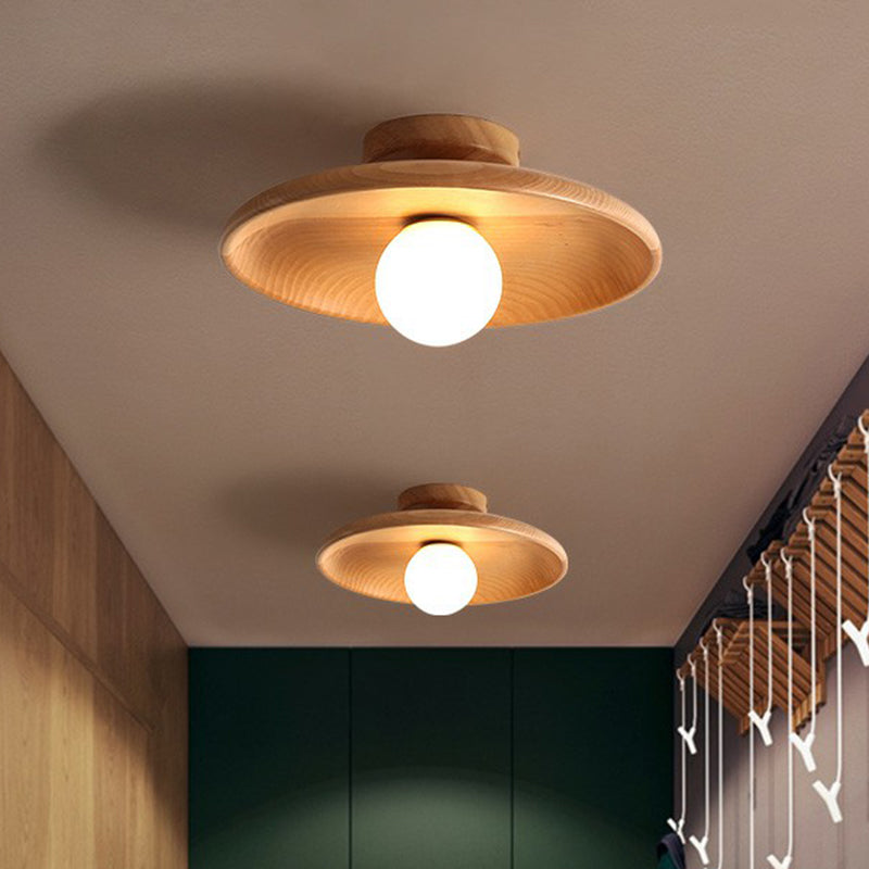 Hölzerne Deckenleuchte Minimalistisch Schalenform 28cm Braun 1 Lichtpunkt Semi-Flush Skandinavische Beleuchtung Flur Küche | Sansoti
