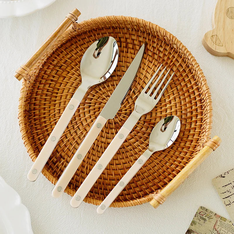 Bestekset 24-delig met Gravure RVS Zwart Wit Groen Tafeldekken Eettafel Elegant Serviesgoed Kookgerei | Sansoti