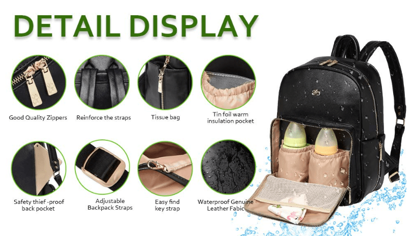 PU Leather Waterproof Diaper Bag Backpack with Changing Mat, Hooks, Organizer for Parents, Baby Travel, Storage, and Care | Sansoti