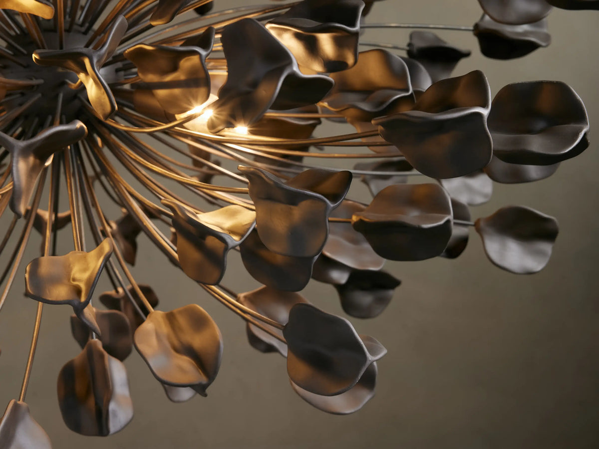 Keramik-Kronleuchter mit 160 Blattmotiven 106 cm Messing Elfenbein Bronze Ebenholz Wohnzimmer Esszimmer Pflanzeninspiration | Sansoti