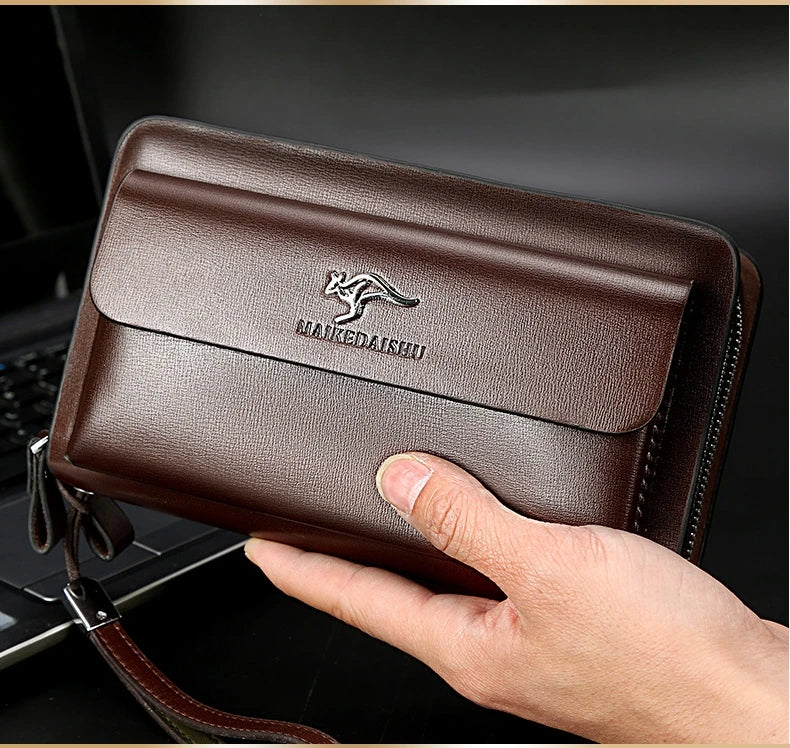 Kompakte Herren-Clutch mit Handschlaufe, Schwarz, Braun, Kunstleder, Fächer, Kartenetui, Portemonnaie, Organizer, Reißverschluss | Sansoti