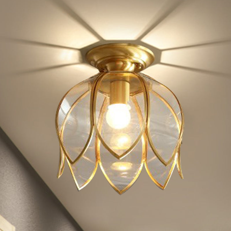 Lotus Ceiling Lamp 9" Brass Clear Glass Vintage Country Style Hall Lighting Retro Ceiling Lamp Classic Interior | Sansoti
