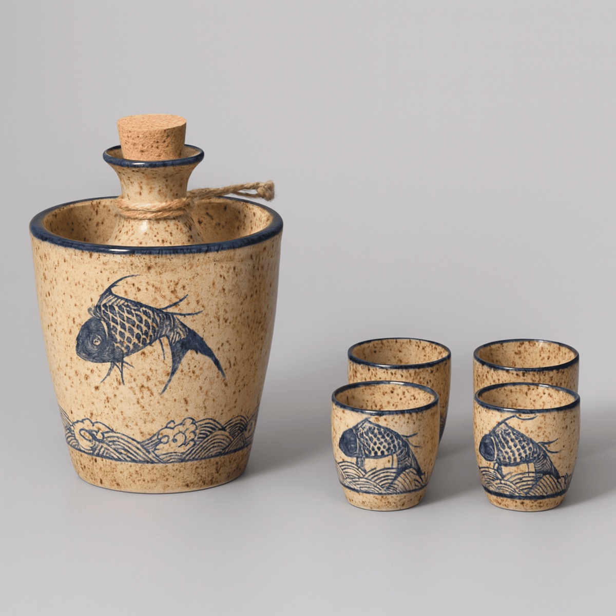 Ceramic Sake Set with Carafe and Cups Japanese Design Drinkware for Serving Hot or Cold Beverages 6 or 8 Pieces | Sansoti