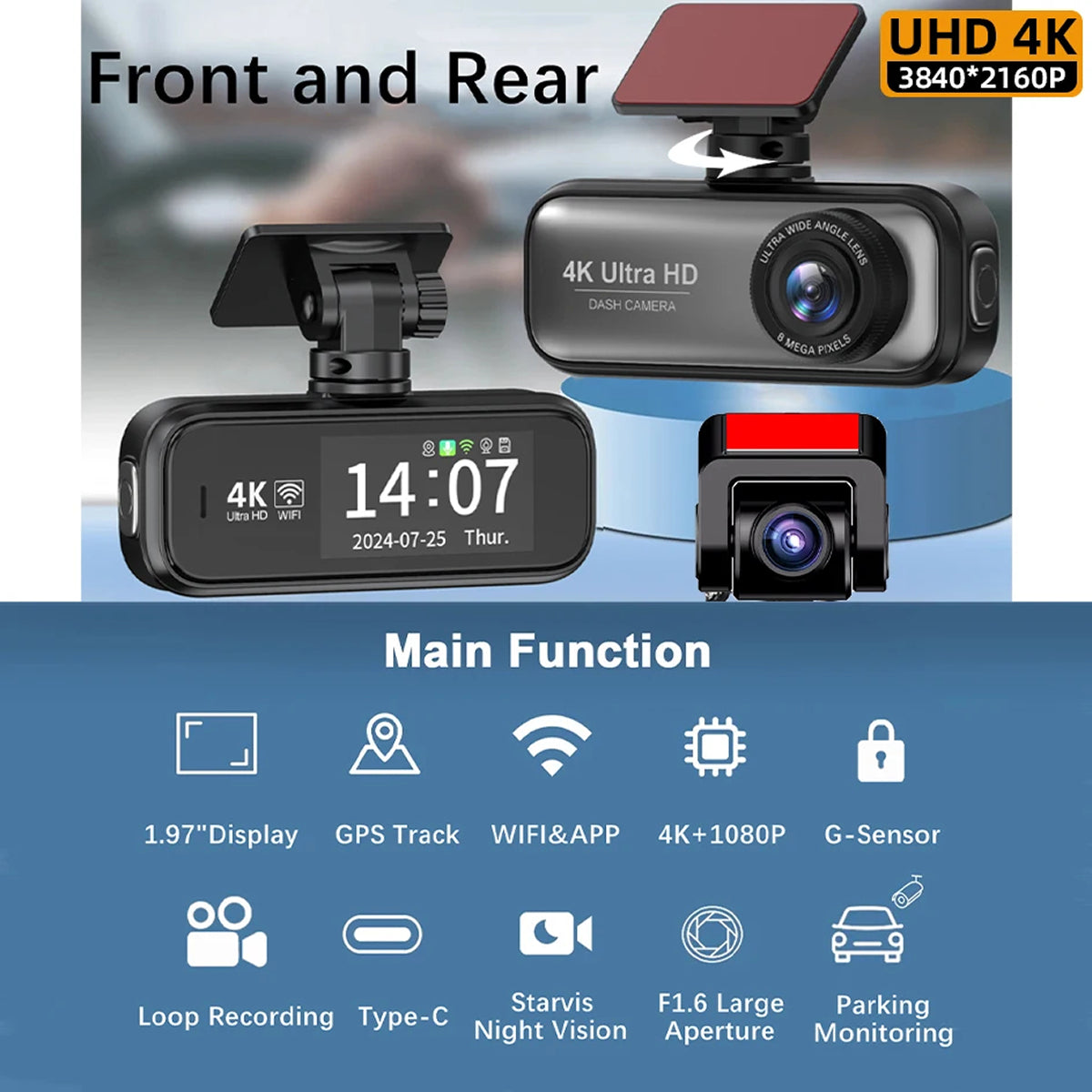 Dashcam Dual-Kamera 4K Ultra HD mit WLAN GPS Parküberwachung 170° Weitwinkel Auto Sicherheit Aufnahme Nachtsicht | Sansoti