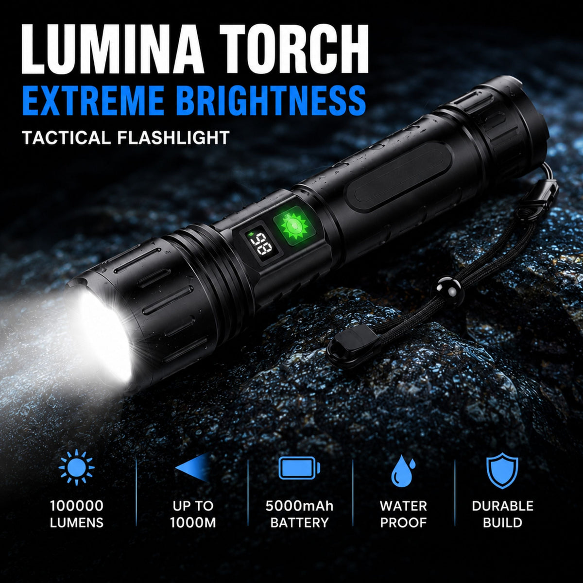 Tactical Flashlight with Rechargeable 5000mAh Battery - Powerful 100000 Lumen LED - Waterproof & Shockproof - With LCD Battery Indicator & Power Bank Function | Sansoti