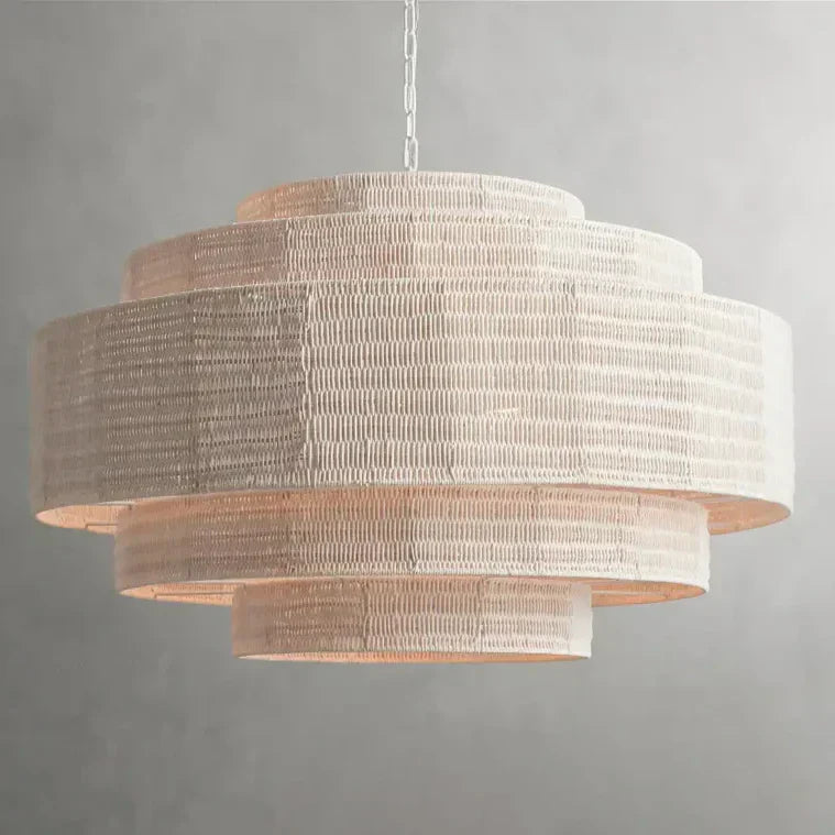 Woven Rattan Chandelier Layered Iron Frame Adjustable Height Pendant Light Dining Room Living Room Lighting | Sansoti