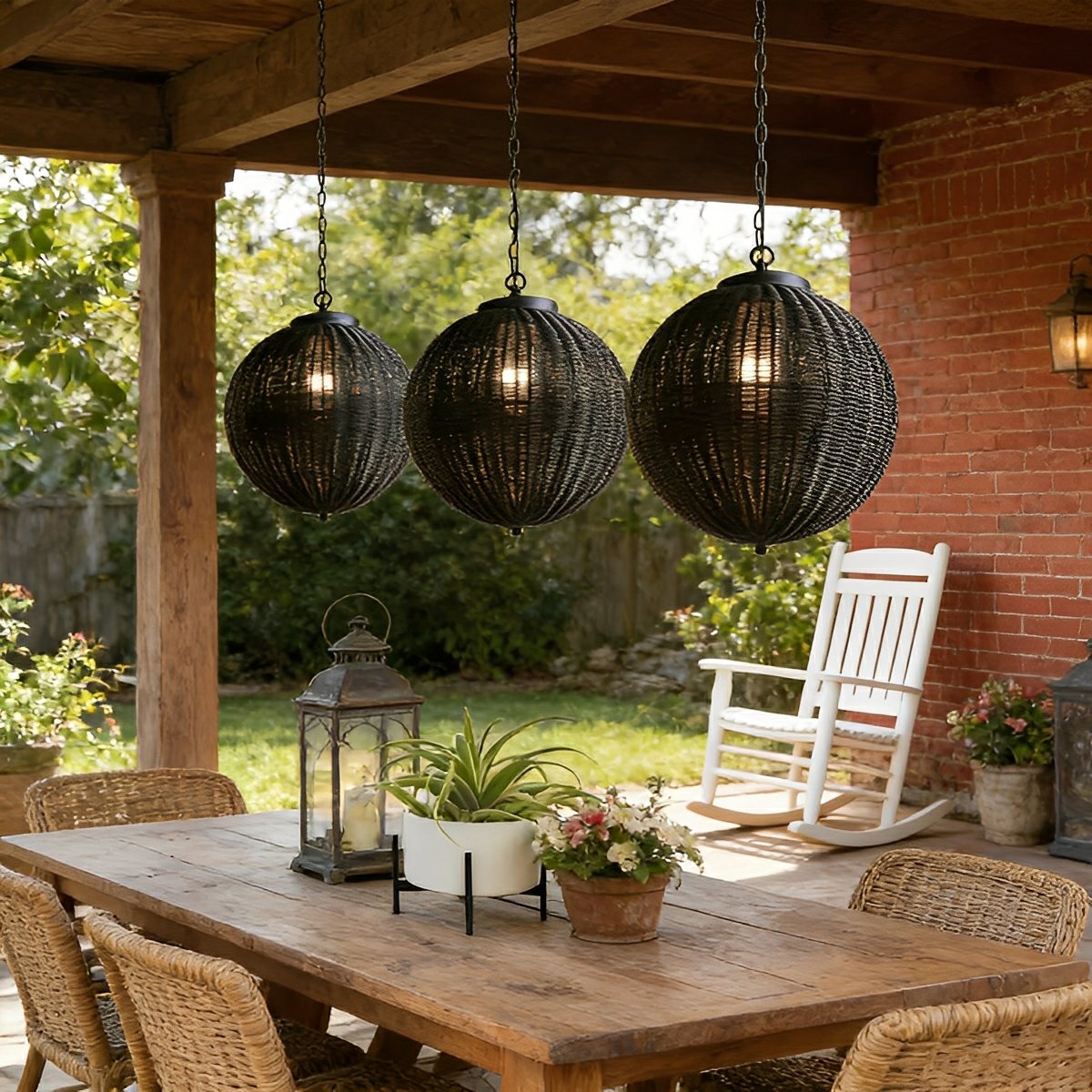Hanglamp Rotan Waterdicht Rond Zwart Buiten Tuin Terras Sfeerverlichting Lantaarn E27 Verstelbaar Decoratief | Sansoti