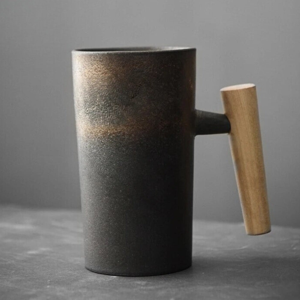 Ceramic Drinking Cup 220ml Earthy Colors Wooden Handle Nature Motifs For Tea Coffee Latte Cappuccino | Sansoti