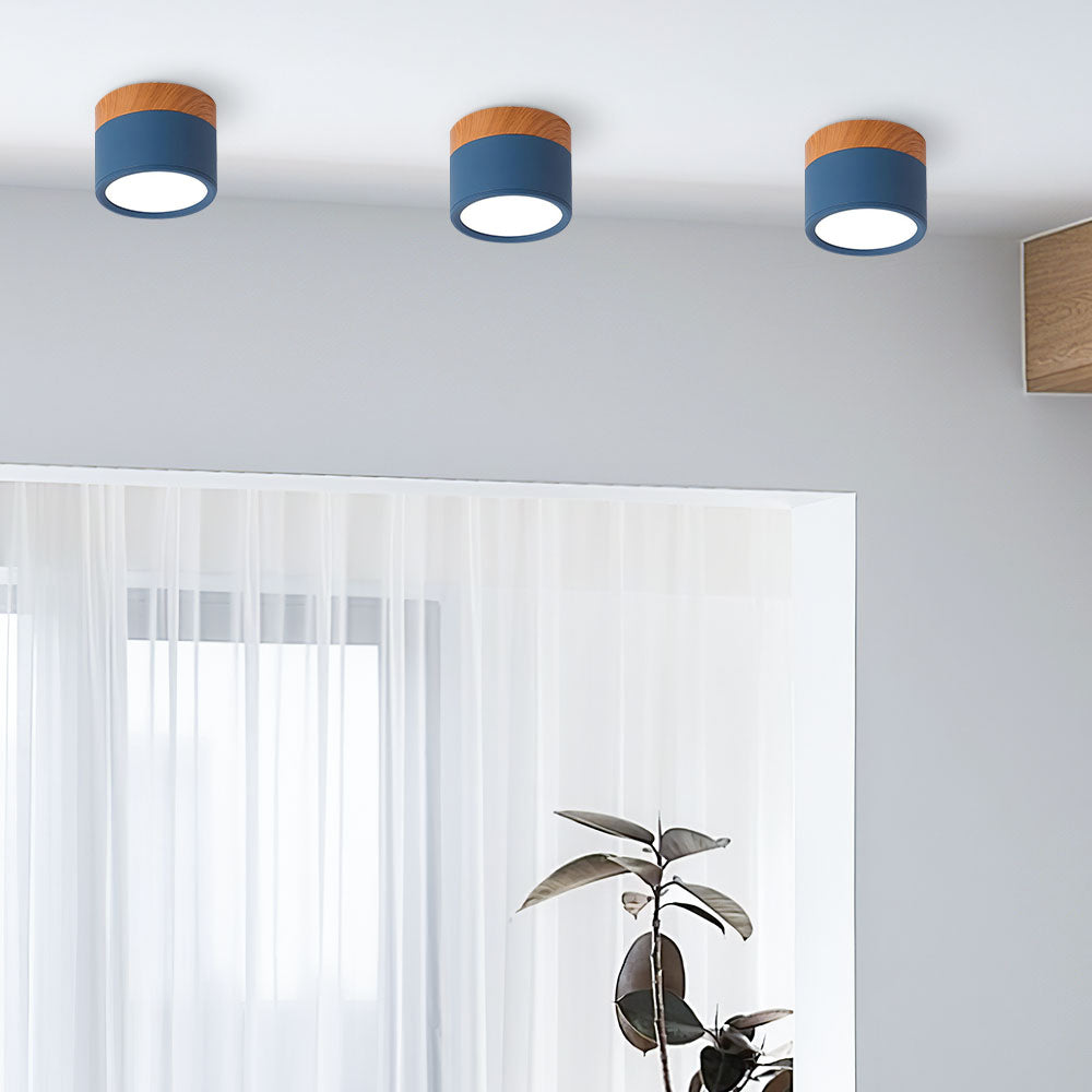 Plafonnier rond moderne en aluminium avec accents en bois et LED, éclairage scandinave pour entrée, salle à manger et salon | Sansoti