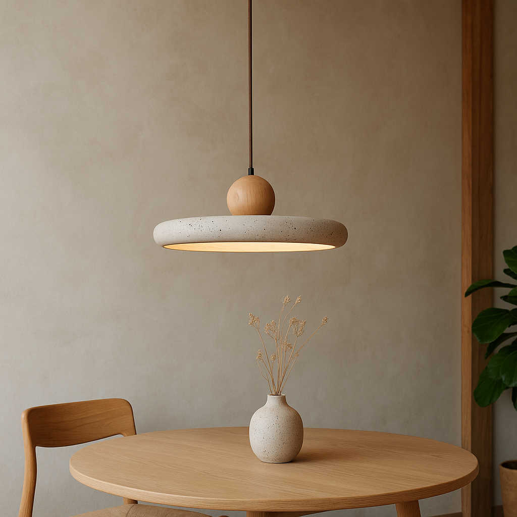 Travertijn Hout Hanglamp LED Ø30cm Beige Eetkamer Scandinavisch Minimalistisch Design Natuursteen Hanglamp Verlichting | Sansoti