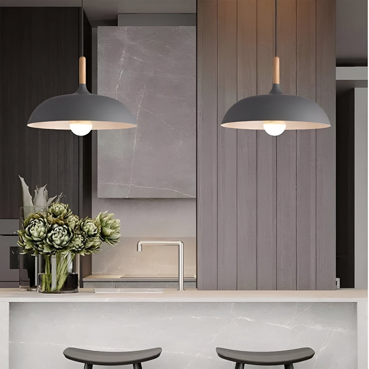 Lámpara colgante de madera y hierro, estilo escandinavo Japandi, redonda, E27, Ø35 Ø60, comedor, cocina | Sansoti