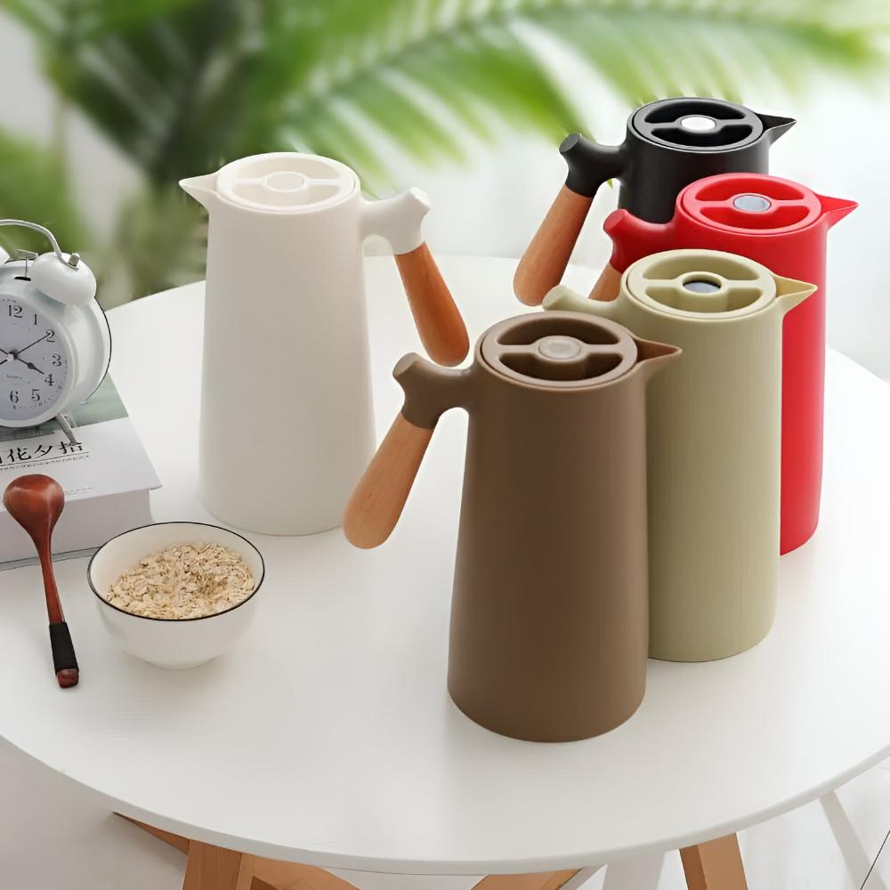 Isolierte Karaffe 1 Liter Holzgriff Doppelwandig Kaffeekaraffe Thermos Skandinavisches Design Grün Weiß Schwarz Rot Braun | Sansoti
