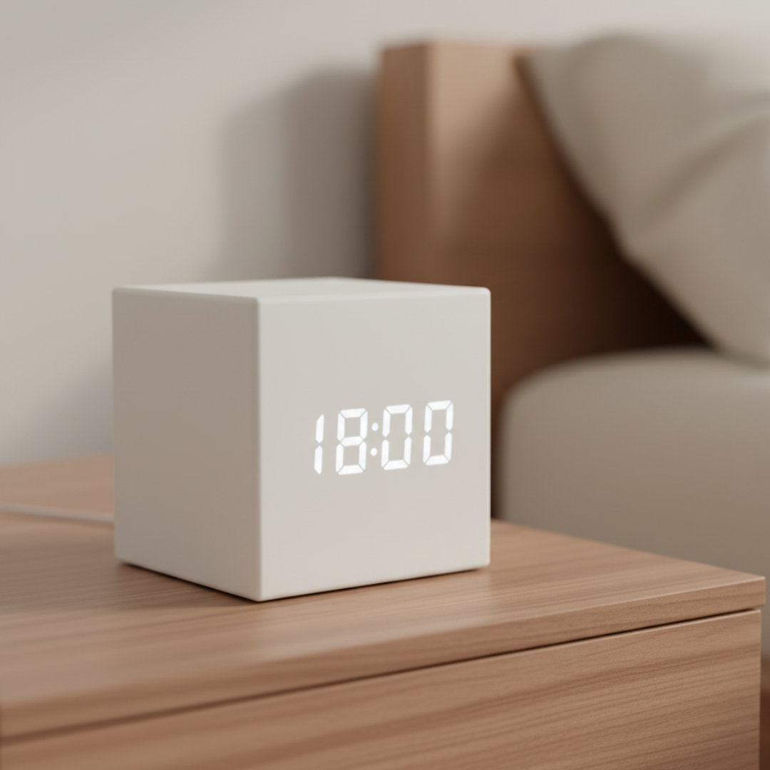 Digital Alarm Clock with LED Light Sensor and Voice Activation – Compact Cube Shape with Multifunctional Display | Sansoti