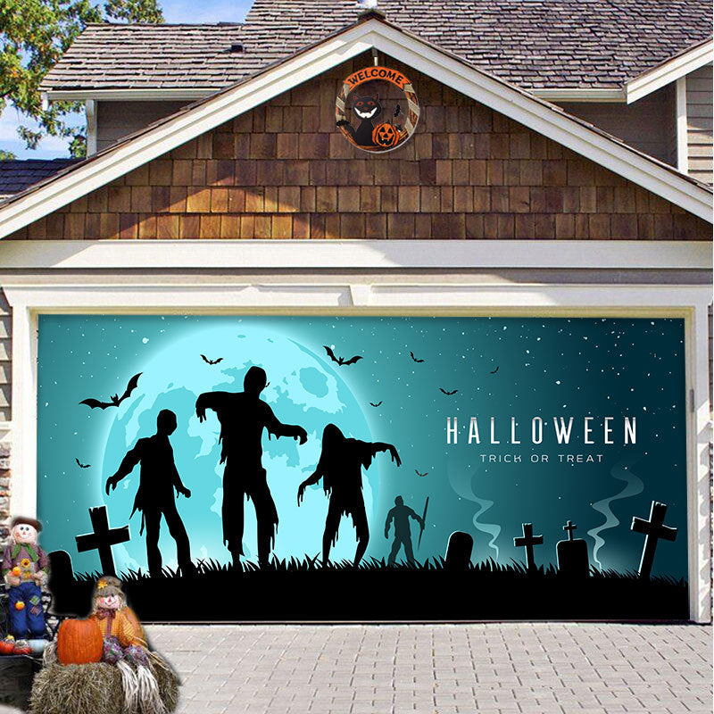 Halloween Garagentor Dekoration Gespenstischer Druck Schattenstoff Wiederverwendbar Horror Atmosphäre Stoff Wasserdicht Außen Partydekoration | Sansoti