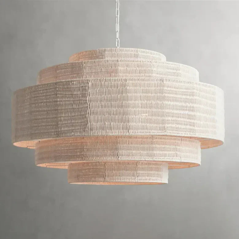 Woven Rattan Chandelier Layered Iron Frame Adjustable Height Pendant Light Dining Room Living Room Lighting | Sansoti