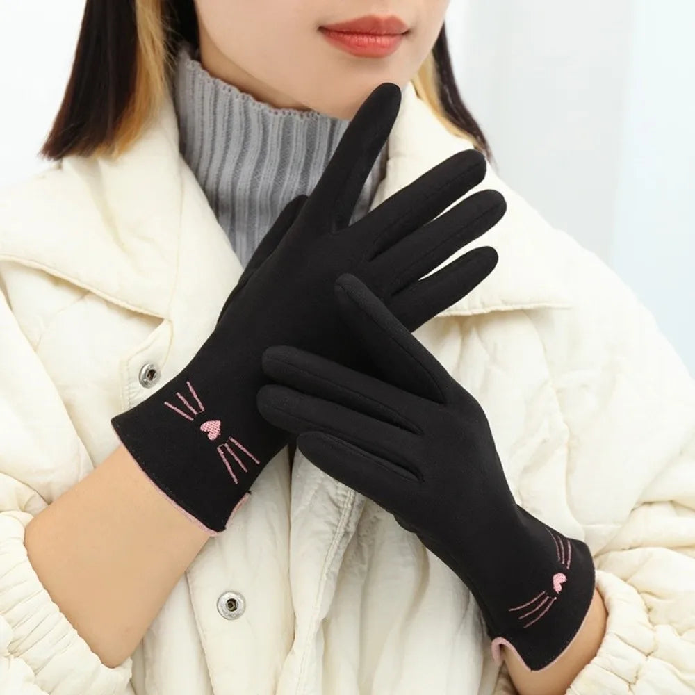 Touchscreen Winterhandschoenen Dames met Kattenprint Fleece Gevoerde Warme Strechhandschoenen Grijs Beige | Sansoti