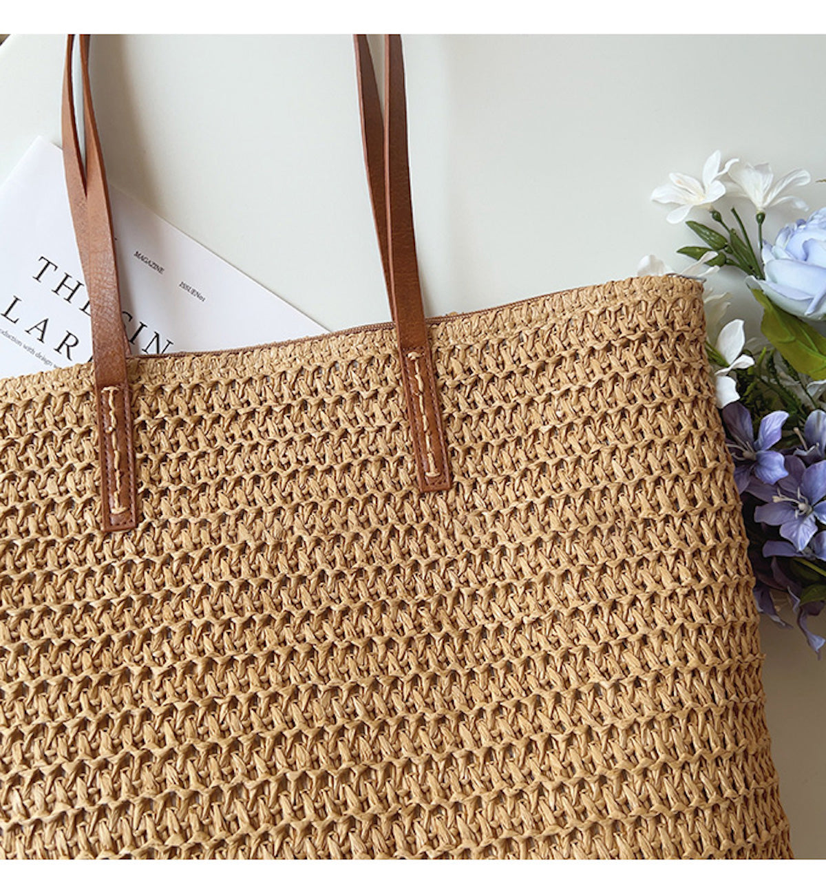 Woven rattan basket with leather handles – natural handbag for market and city – Scandinavian design | Sansoti