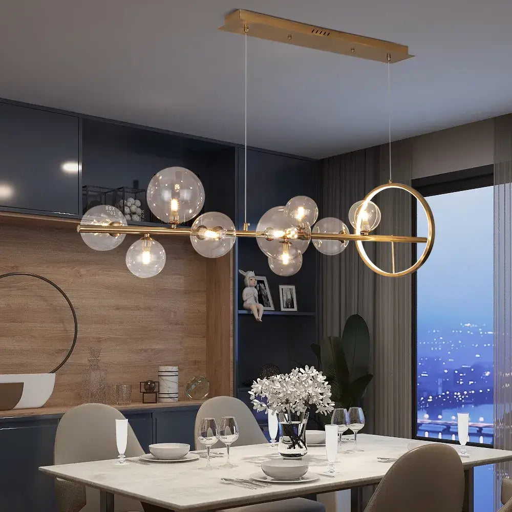 Glas-Hängeleuchten linear – moderne goldene oder schwarze Hängeleuchte mit 7 oder 10 Lichtpunkten – inklusive G9 LED-Lampen – höhenverstellbar für Kücheninsel Esstisch | Sansoti