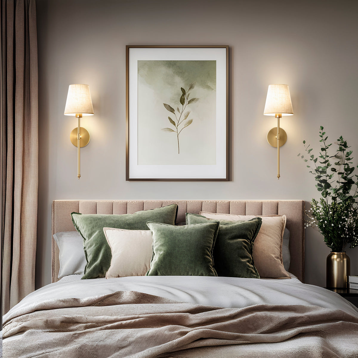 Wandlamp Zonder Boren Set van 2 Draadloos Goud Metaal Naturel Linnen Kap 51,5 cm Hoog 3M Kleefstrip of Schroeven | Sansoti