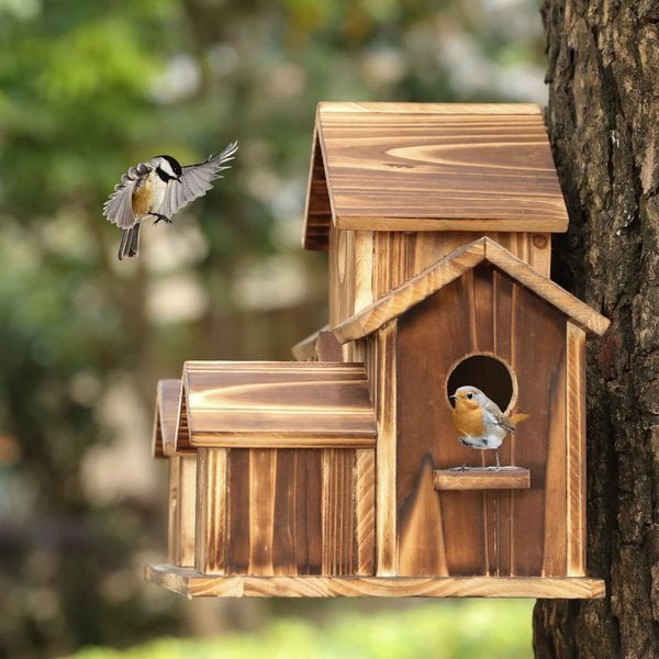 Nichoir en bois 20 cm, brun, suspendu, jardin, maison pour oiseaux, nichoir à 6 trous, décoration extérieure balcon, nature | Sansoti