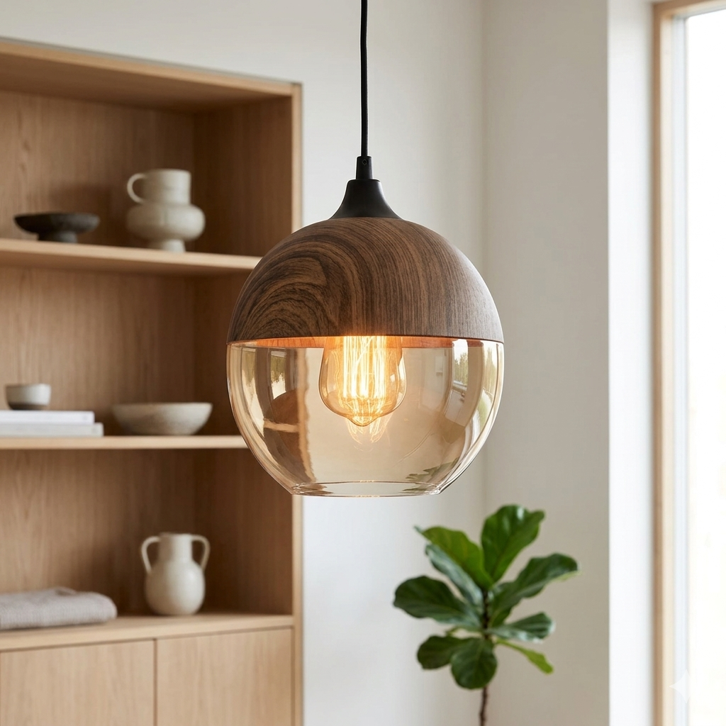 Scandinavian Glass Pendant Lamp with Wood Look – Warm Designer Lighting for Living & Dining Room | Sansoti