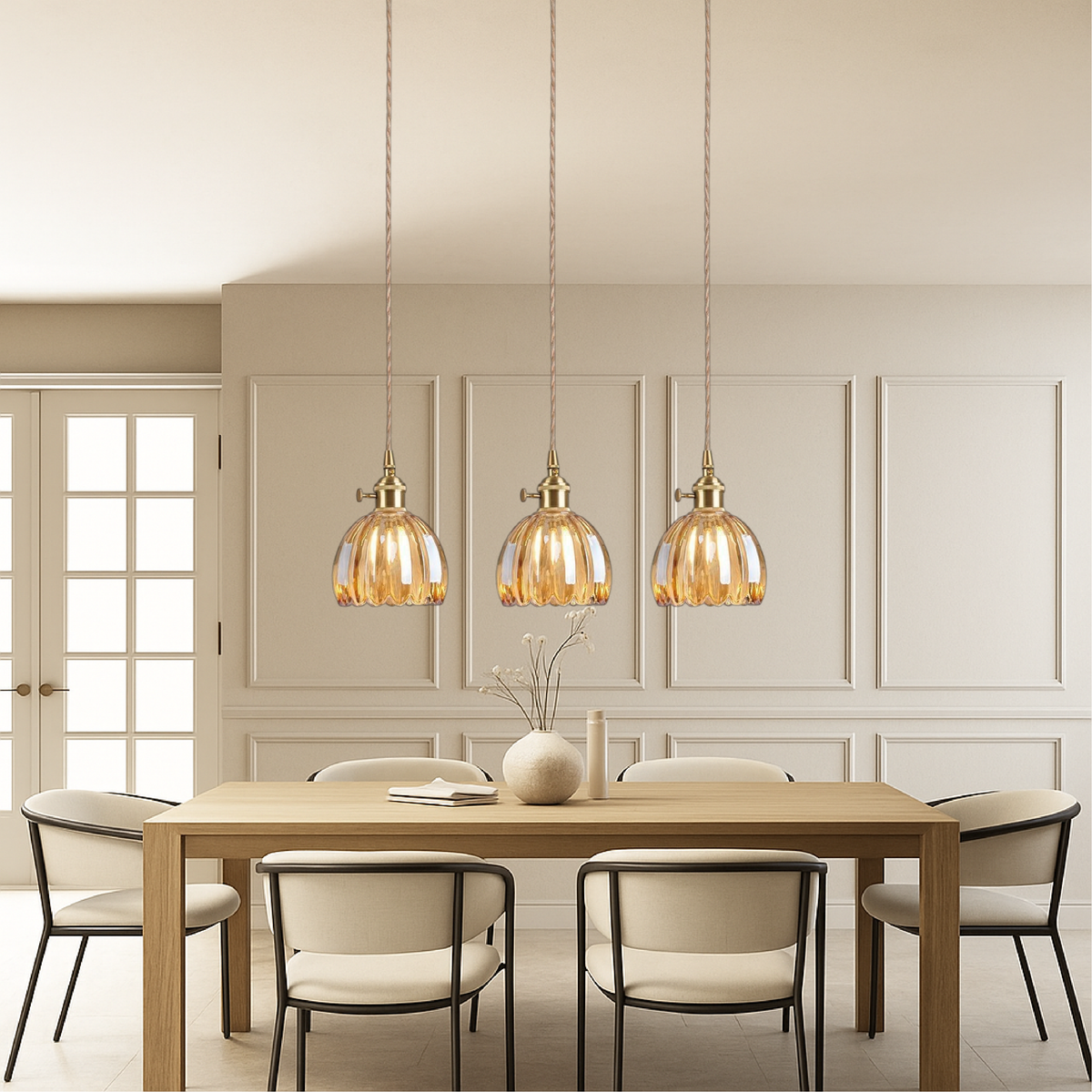 Japońska szklana lampa wisząca E27, przezroczyste szkło, do jadalni i baru, minimalistyczny design, szkło ryflowane, lampa wisząca do kuchni | Sansoti