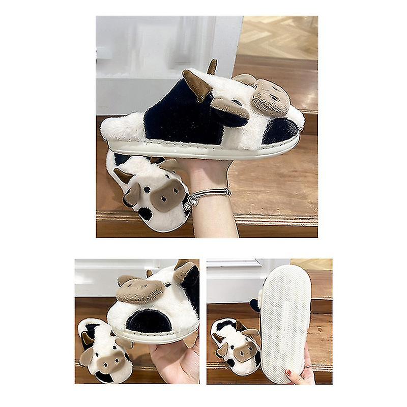 Plüsch-Hausschuhe mit Kuhmuster für Damen, rutschfeste Sohle, weiches Futter, warme Pantoffeln für den Winter, bequem | Sansoti