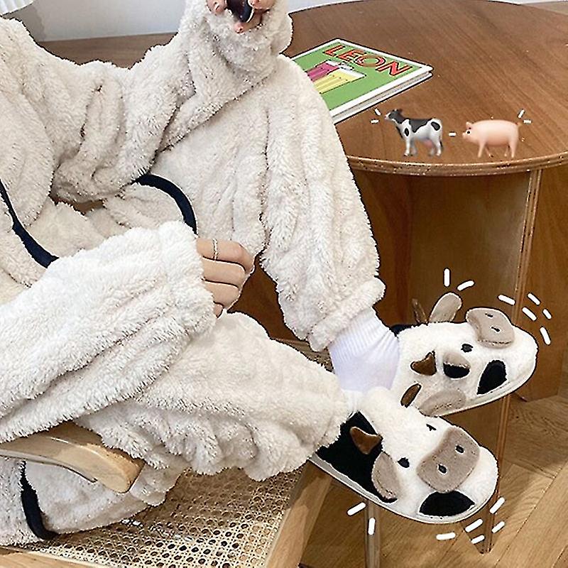 Plush House Slippers Cow Print Women Non-Slip Sole Soft Lining Warm Winter Footwear Comfortable | Sansoti