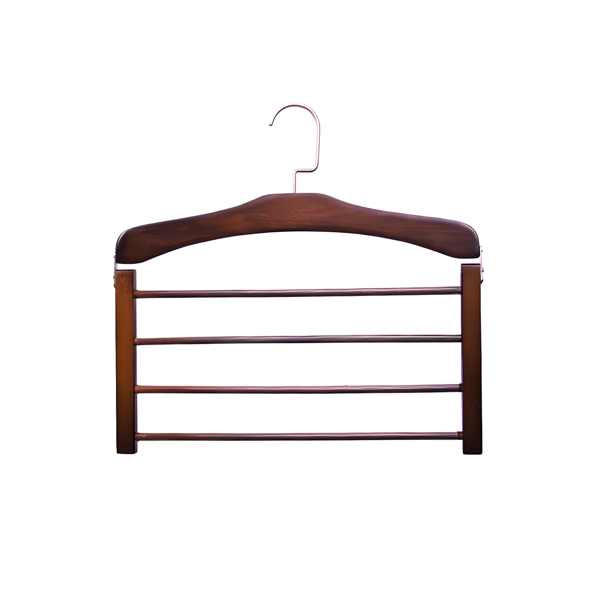 Drewniane wieszaki na ubrania z orzecha i naturalnego drewna – klasyczne, z metalowym haczykiem – 38x38x12cm | Sansoti