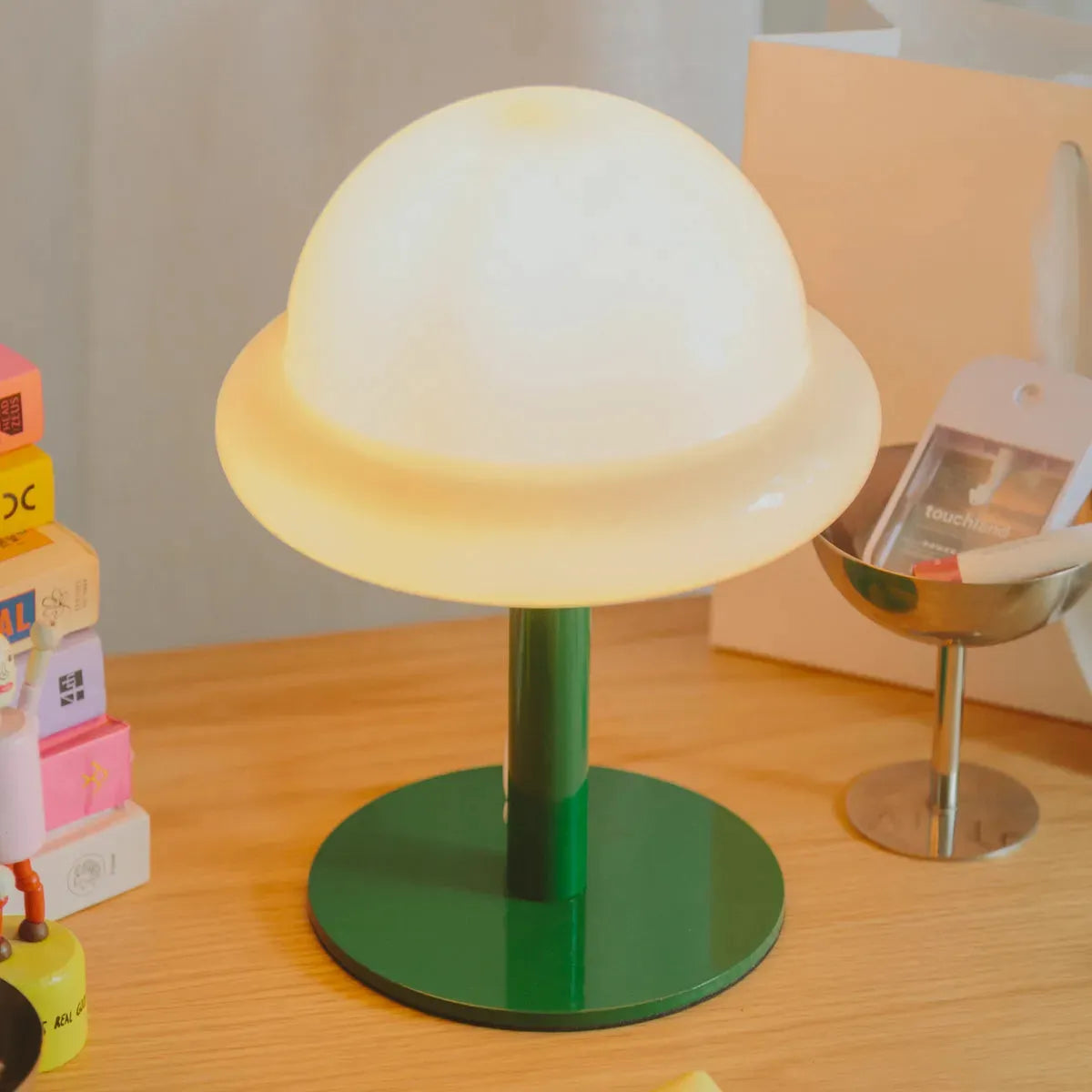 Lampka stołowa ze szkła i metalu, zabawna, 28 cm, miętowozielona, żółta, nastrojowe oświetlenie do salonu, nowoczesna | Sansoti