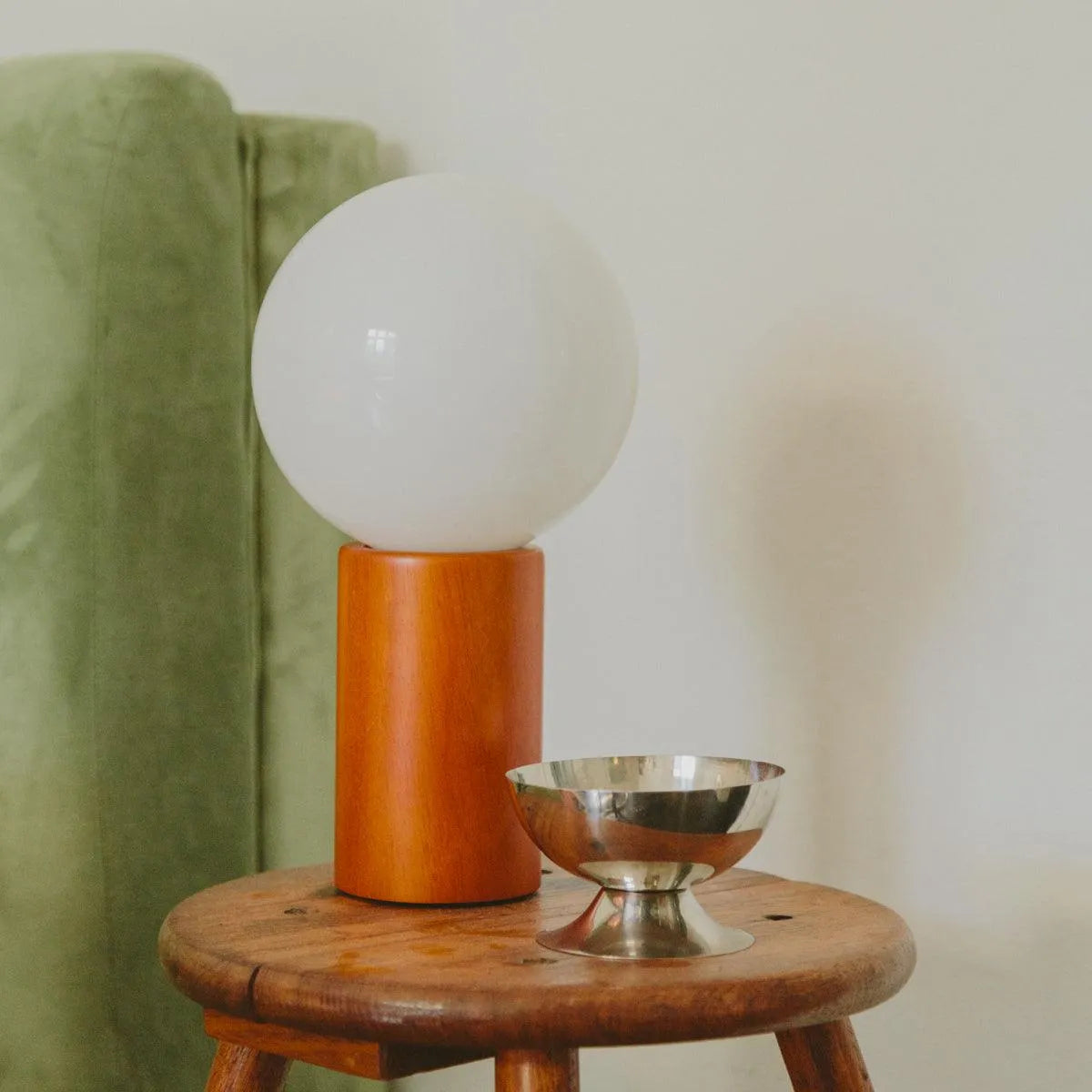 Lampe de Table Bois Verre Vintage Milieu du Siècle 28cm Boule Ronde Lampe de Chevet Chambre | Sansoti