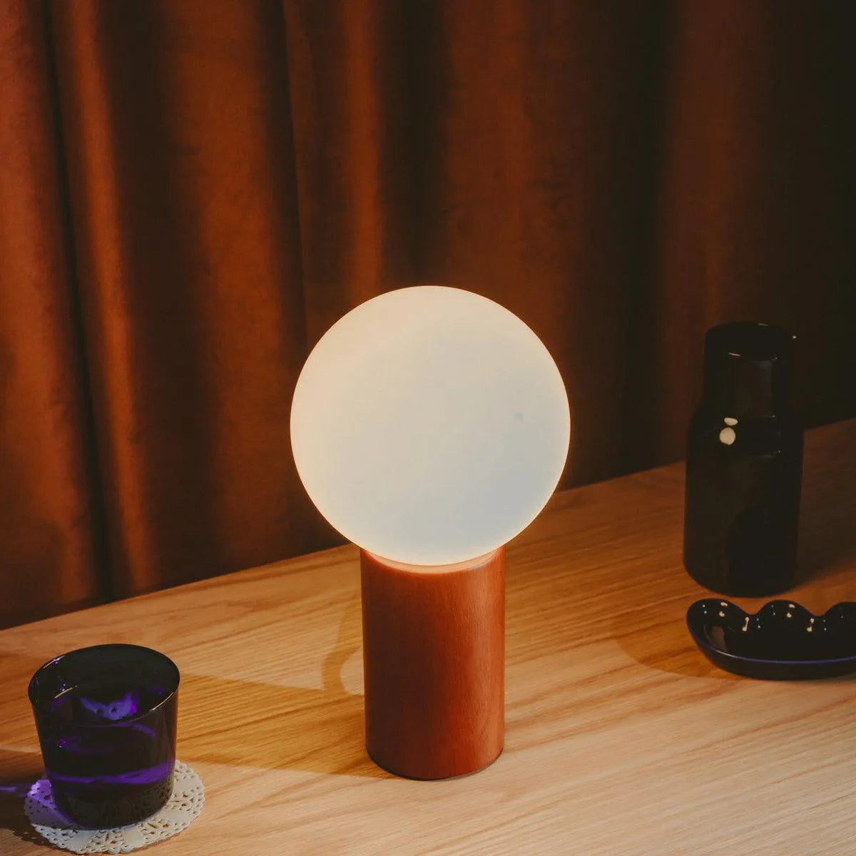 Lampe de Table Bois Verre Vintage Milieu du Siècle 28cm Boule Ronde Lampe de Chevet Chambre | Sansoti