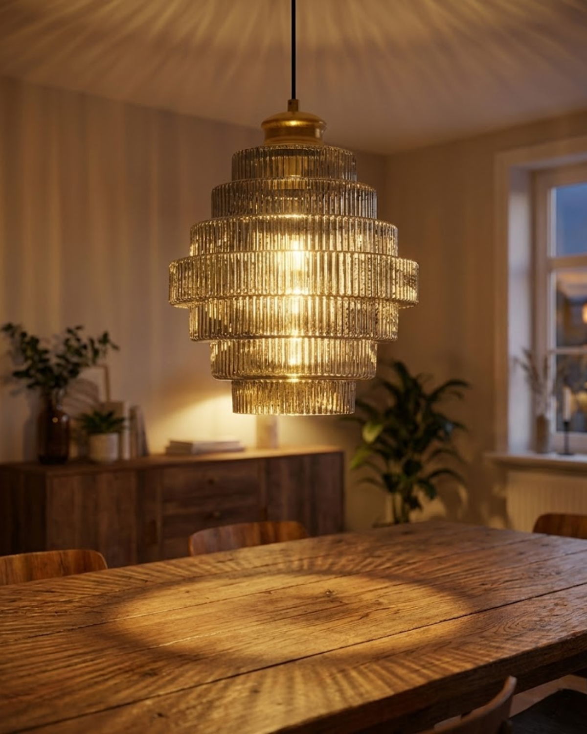 Nowoczesna kaskadowa szklana lampa wisząca ze złotym detalem do jadalni i salonu – luksusowe designerskie oświetlenie | Sansoti