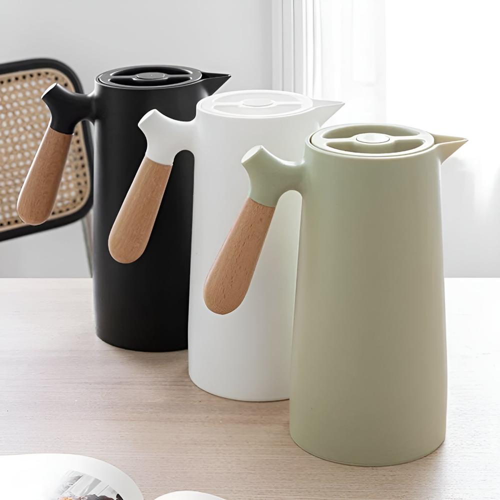 Isolierte Karaffe 1 Liter Holzgriff Doppelwandig Kaffeekaraffe Thermos Skandinavisches Design Grün Weiß Schwarz Rot Braun | Sansoti