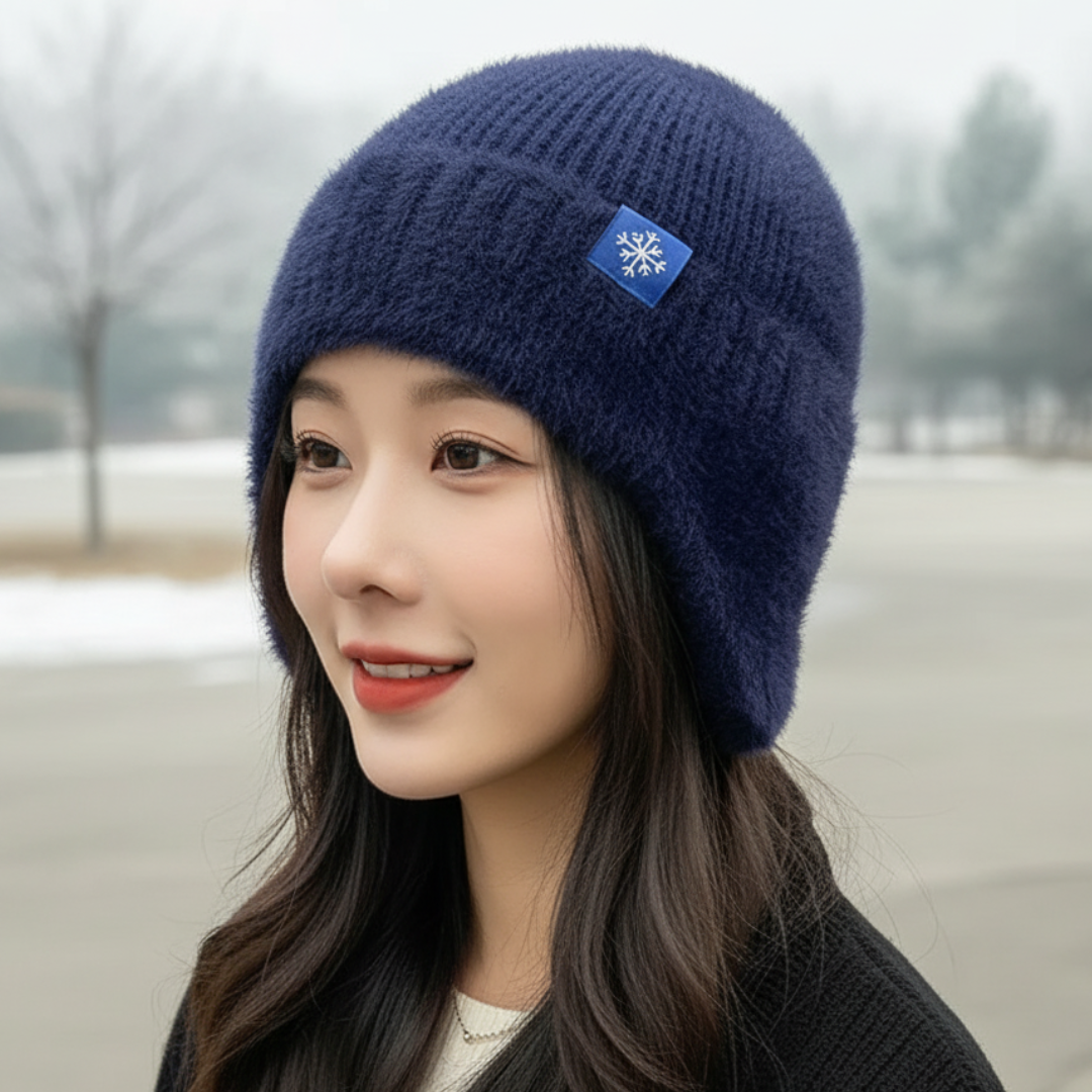 Gestrickte Damen-Wintermütze mit Ohrwärmern Polyester Einfarbig Schleife Kopfbedeckung Outdoor Winter Wärme Komfort | Sansoti